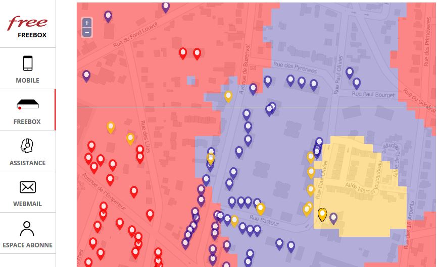Carte des déploiement FTTH Free